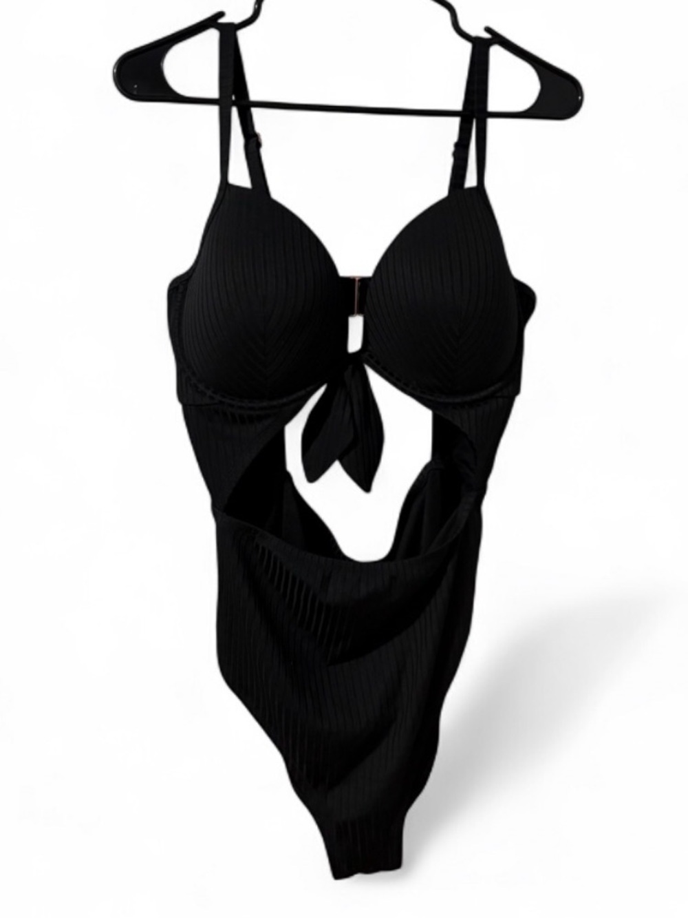Shade & Shore Black Ribbed Cutout One Piece Swimsuit 38D Monokini EUC